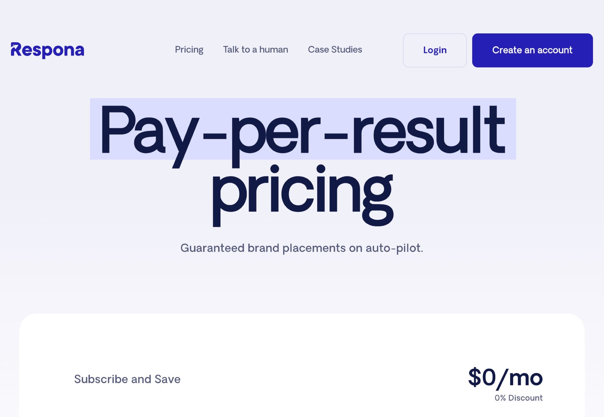 Respona pricing page with the headline Pay-per-result pricing