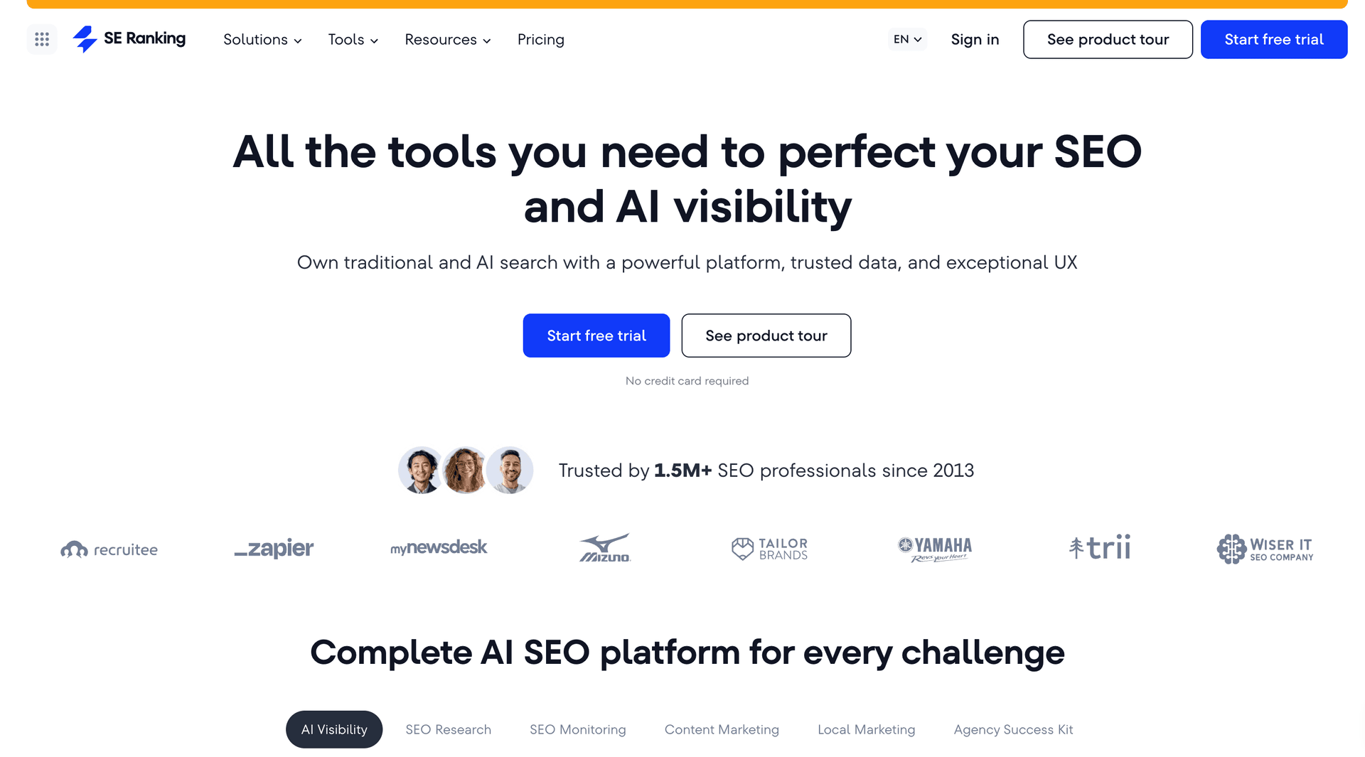 SE Ranking homepage with the headline All the tools you need to perfect your SEO and AI visibility