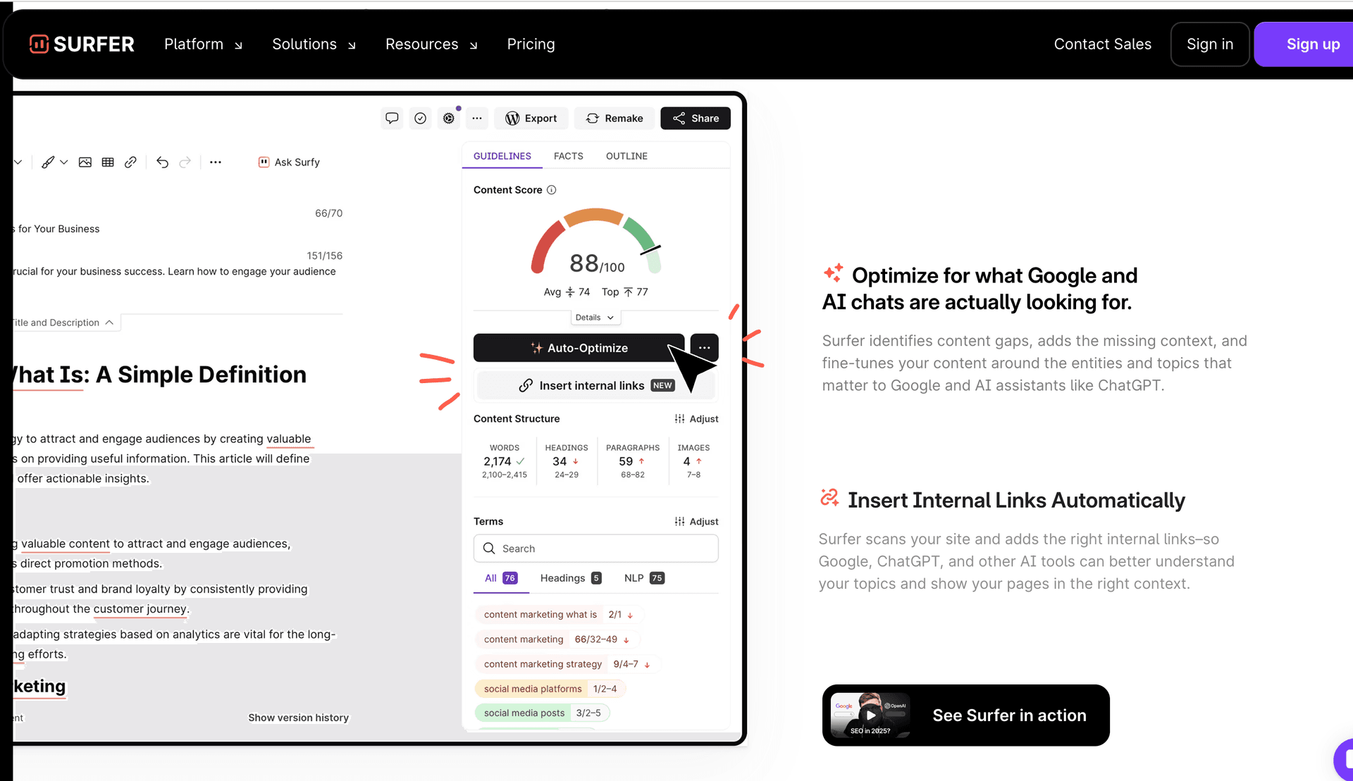 Surfer SEO Content Editor with live content score and optimization suggestions