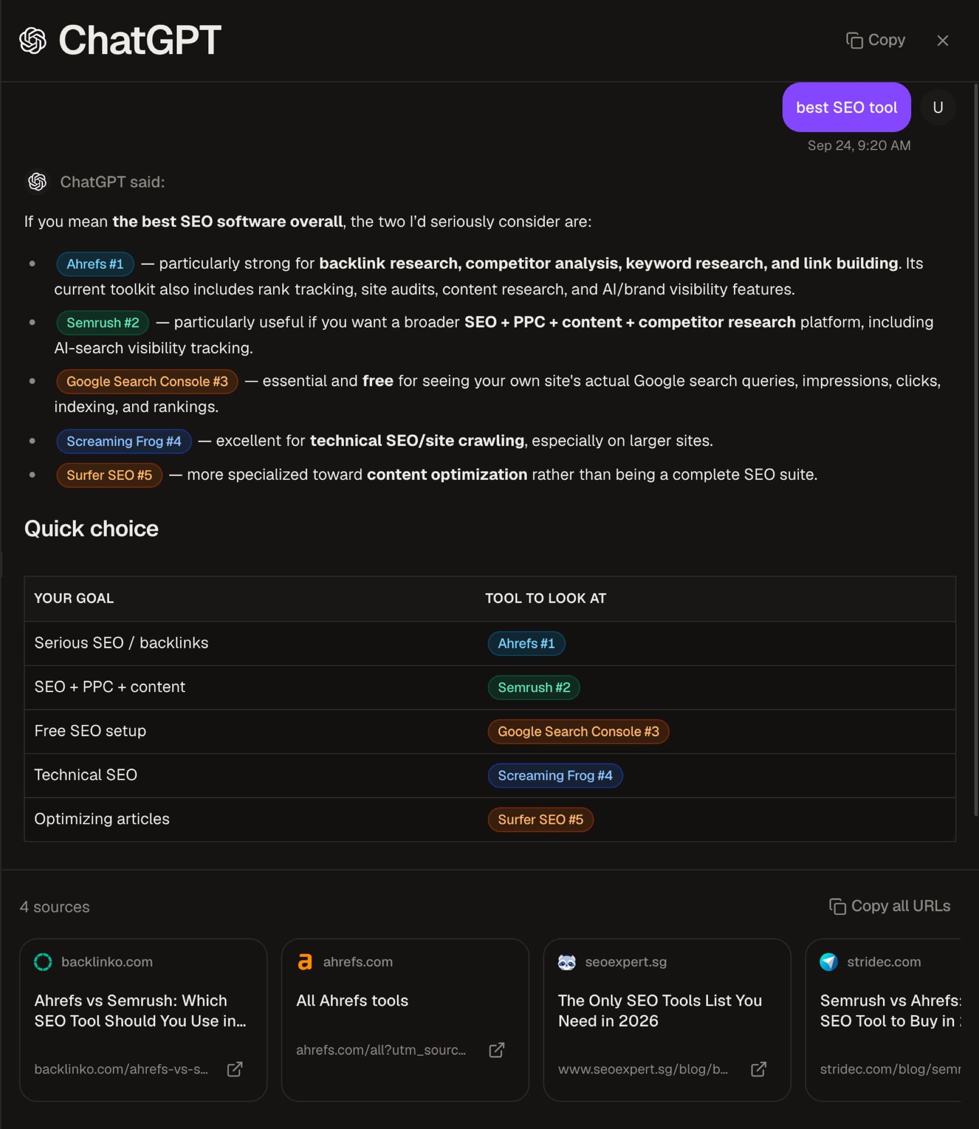 ChatGPT's stored answer to best SEO tool, with Ahrefs #1 to Surfer SEO #5 and four sources