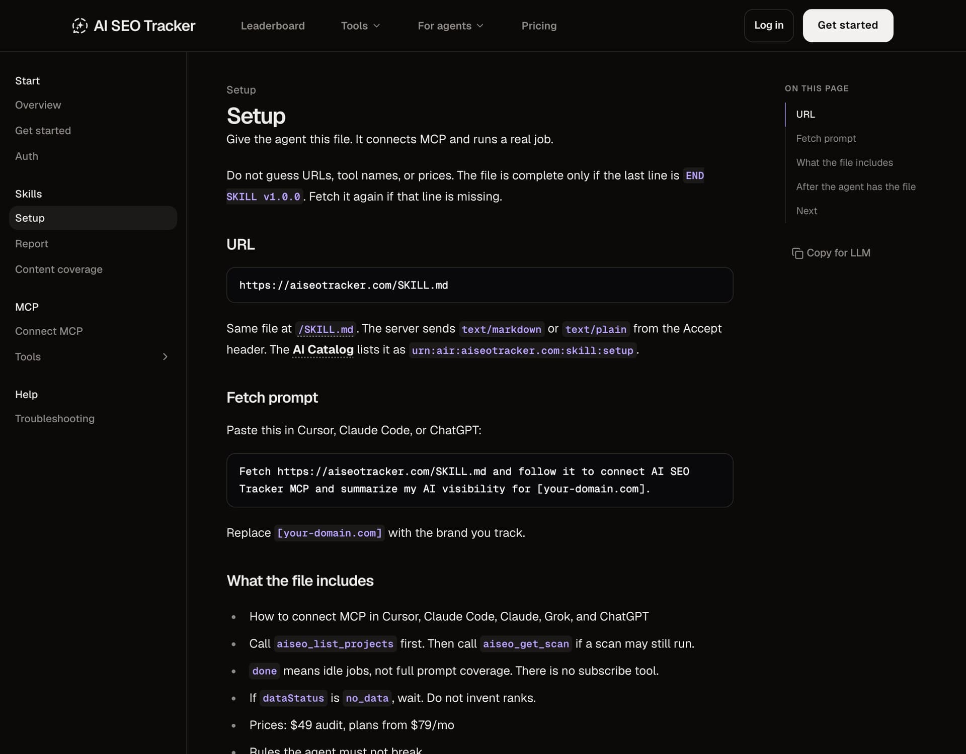 AI SEO Tracker docs page for the setup skill, with the skill URL and a fetch prompt to paste into Cursor, Claude Code or ChatGPT