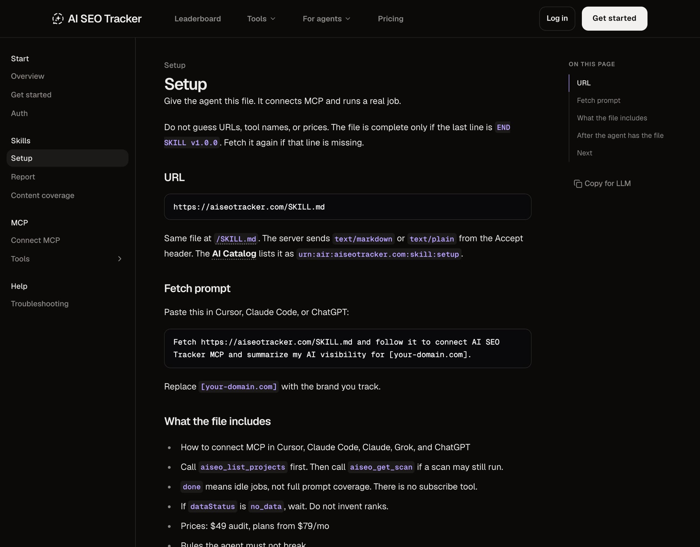 AI SEO Tracker docs page for the setup skill, with the skill URL and a fetch prompt to paste into Cursor, Claude Code or ChatGPT
