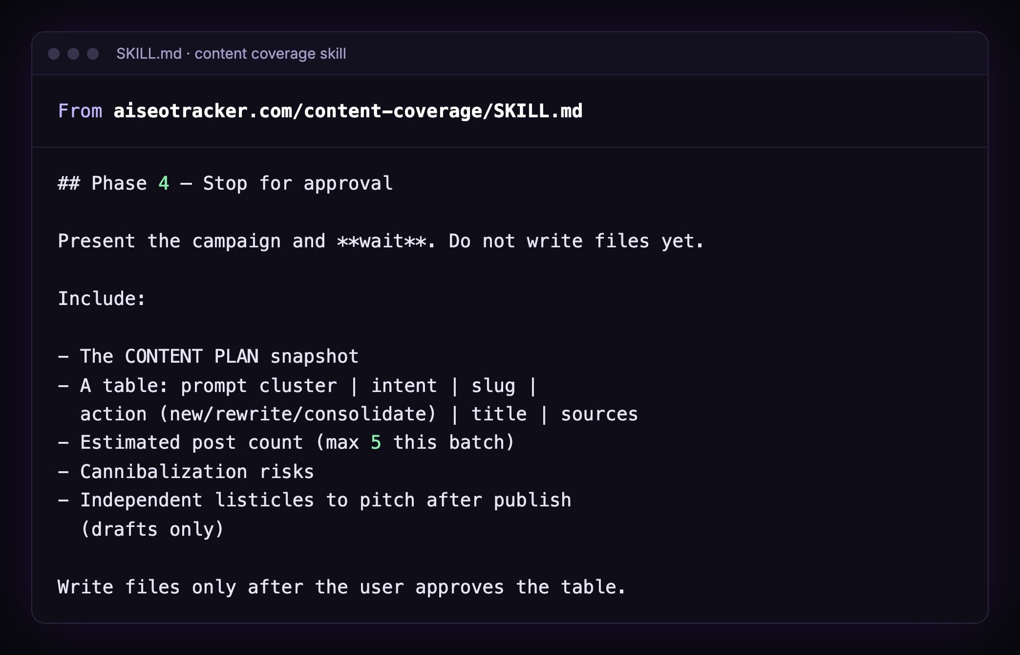 Phase 4 of the content coverage skill, Stop for approval: present the campaign and wait, do not write files yet, include the content plan snapshot, a table of prompt cluster, intent, slug, action, title and sources, the estimated post count with a maximum of 5 this batch, cannibalization risks and independent listicles to pitch, and write files only after the user approves the table