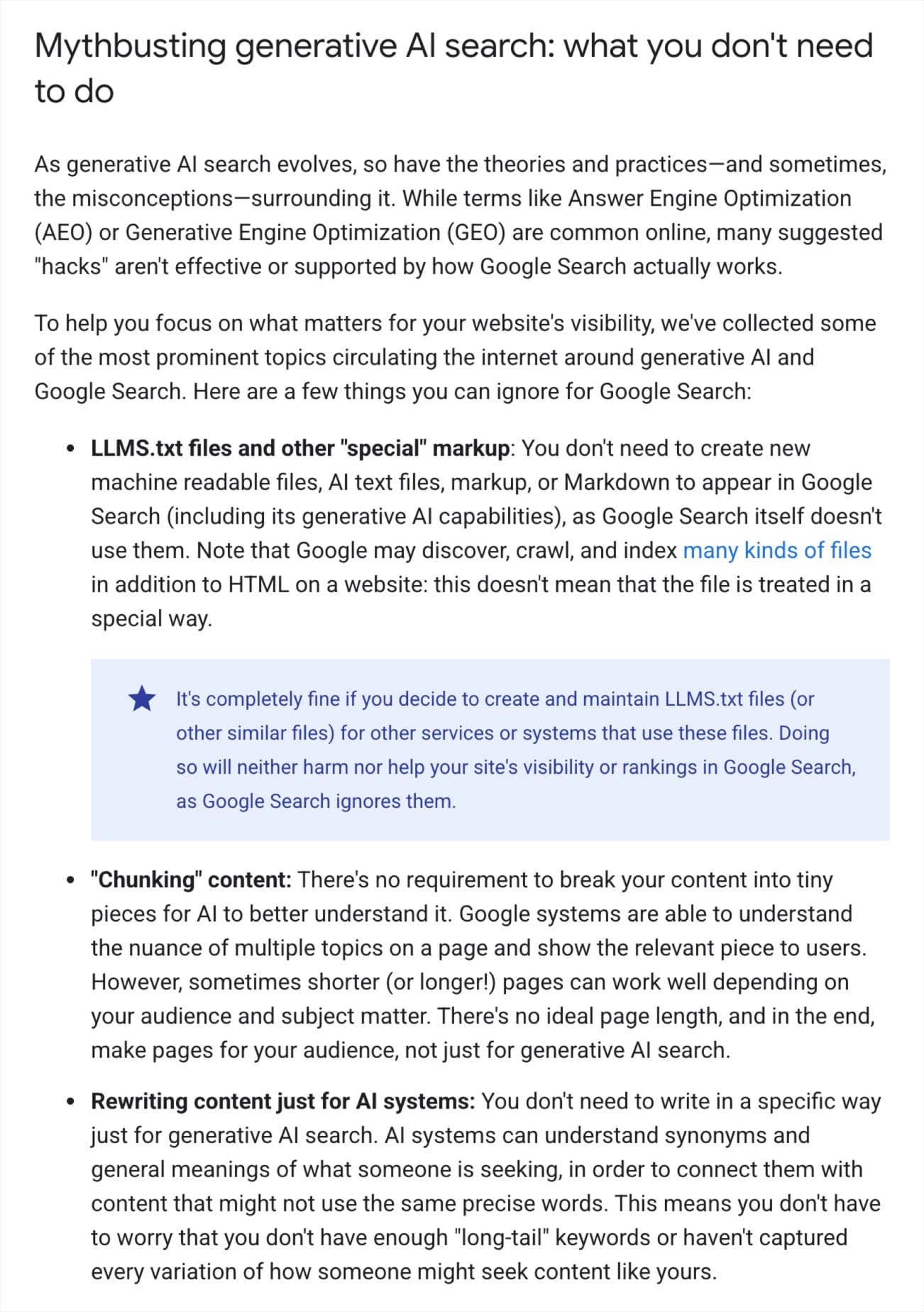 Google Search Central guide, section Mythbusting generative AI search: what you don't need to do, with the first three items: LLMS.txt files, chunking content, and rewriting content just for AI systems.