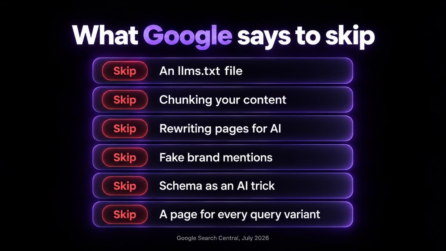 What Google says to skip: an llms.txt file, chunking your content, rewriting pages for AI, fake brand mentions, schema as an AI trick, a page for every query variant