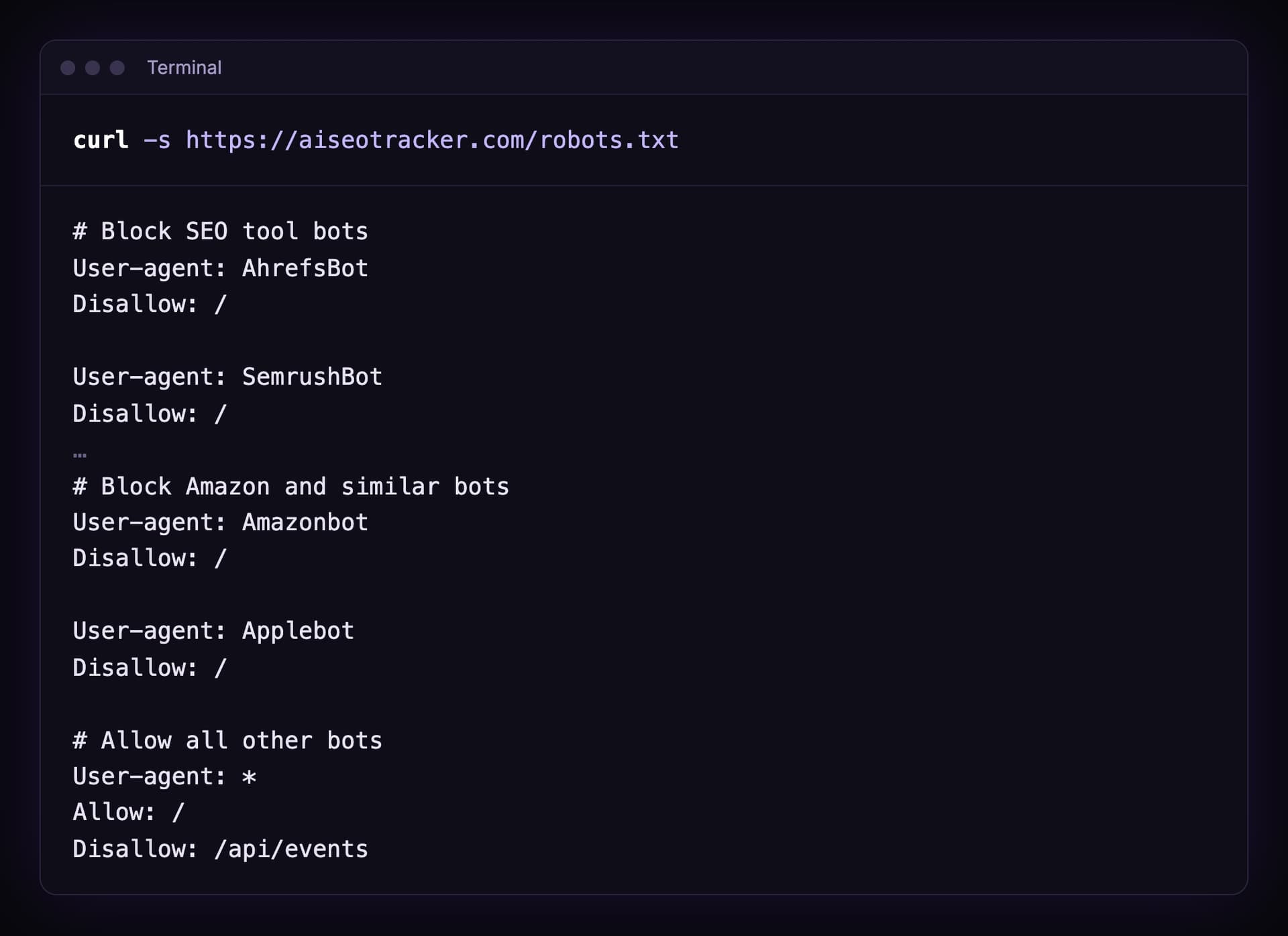 The robots.txt of aiseotracker.com: AhrefsBot, SemrushBot, Amazonbot and Applebot are disallowed, and all other bots are allowed except the path /api/events