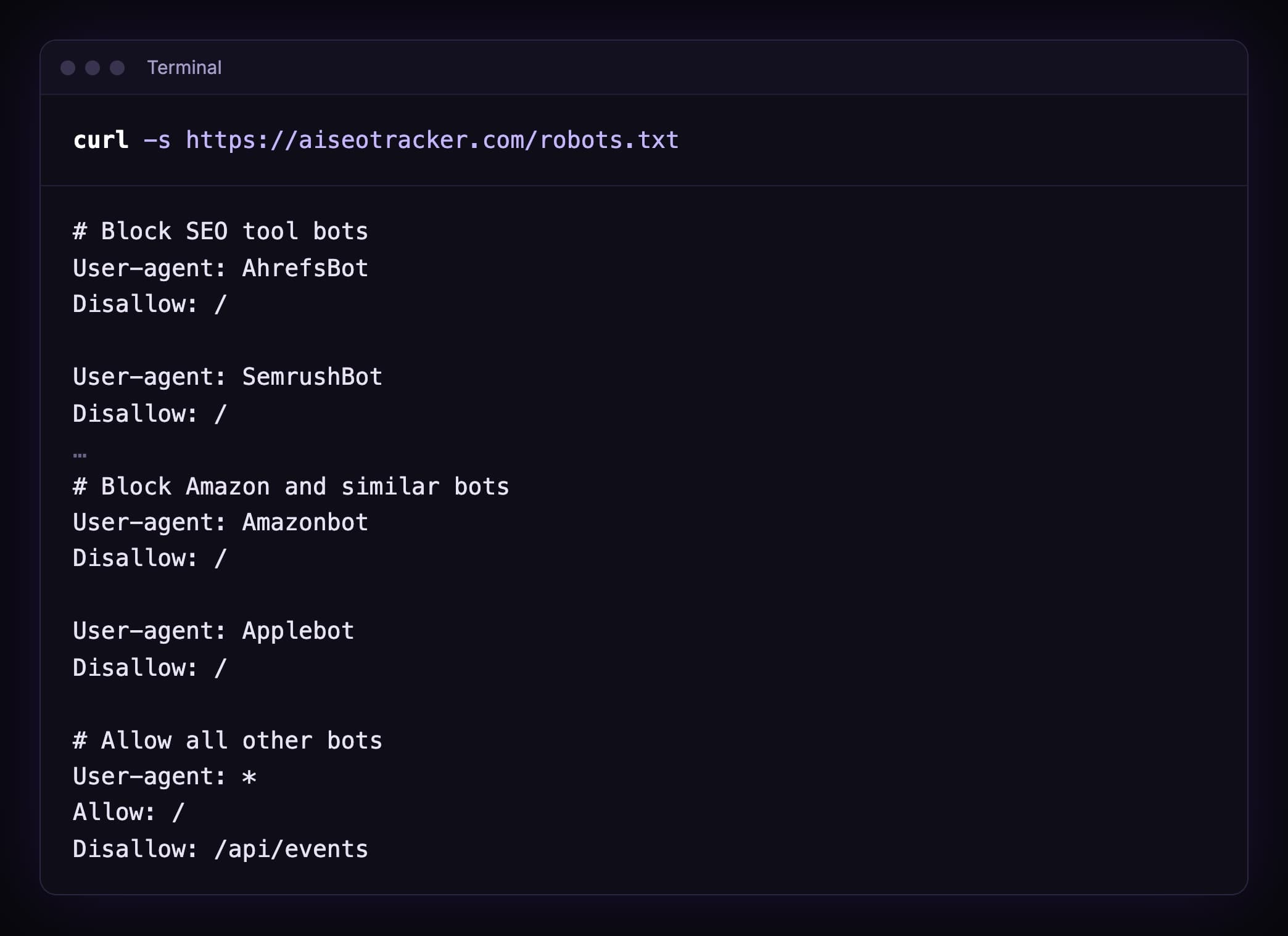 The robots.txt of aiseotracker.com: AhrefsBot, SemrushBot, Amazonbot and Applebot are disallowed, and all other bots are allowed except the path /api/events