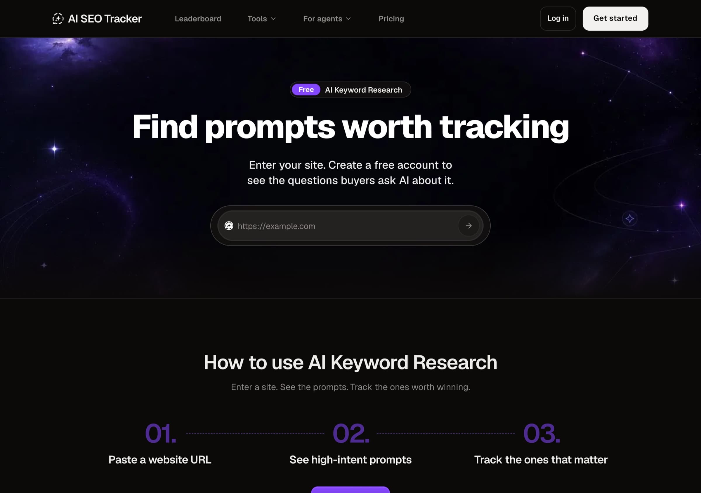 The AI Keyword Research page of AI SEO Tracker: Find prompts worth tracking, with a field for your site URL and three steps, paste a website URL, see high-intent prompts, track the ones that matter
