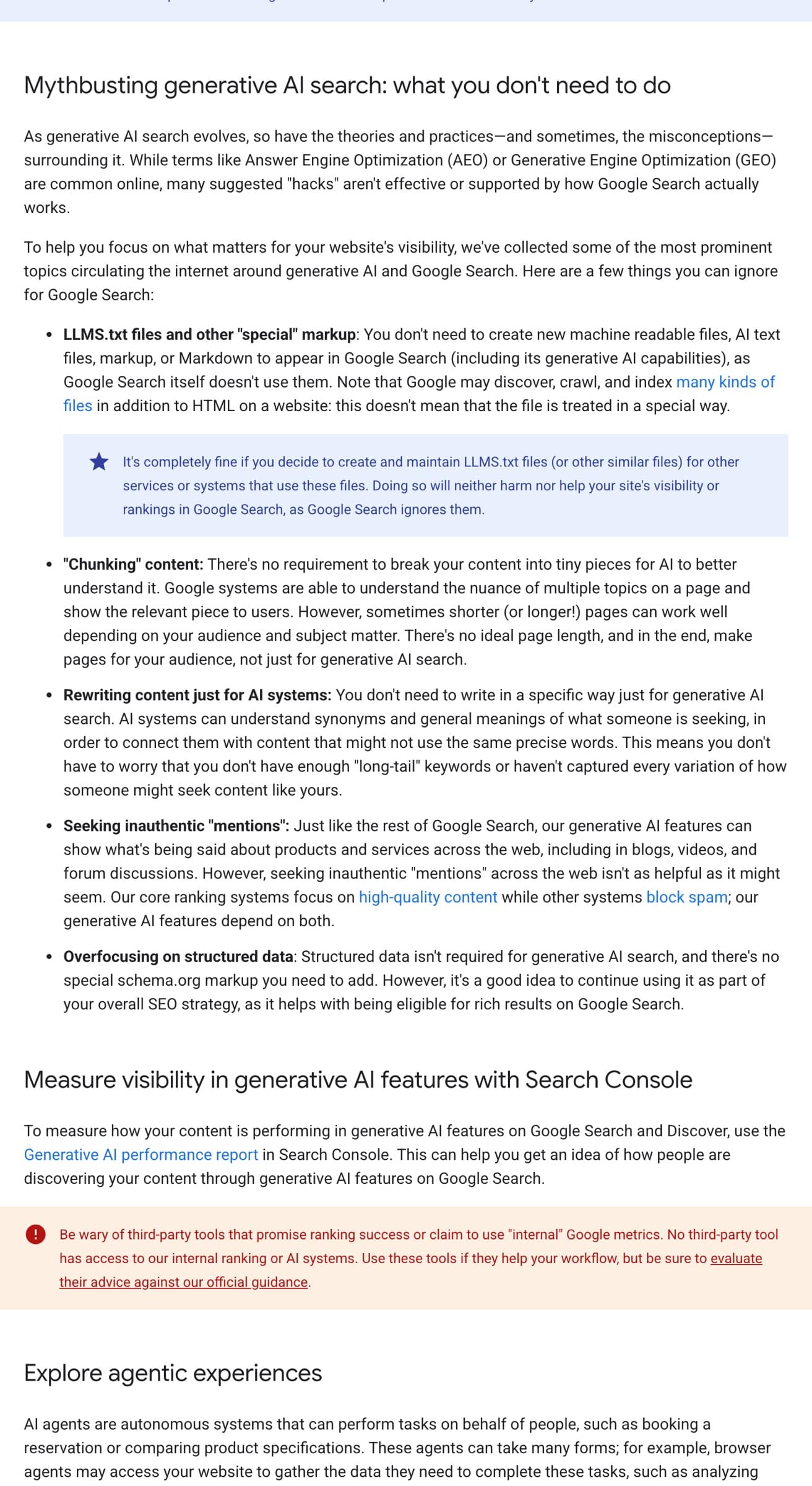 Google Search Central guide: the mythbusting section lists llms.txt, chunking, rewriting for AI, inauthentic mentions and structured data as things you can ignore for Google Search.