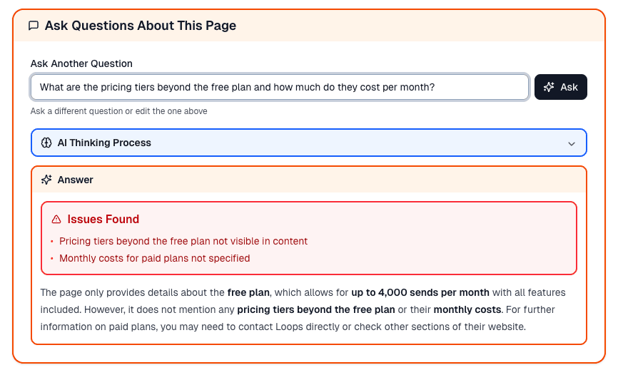 Page Inspector answer for the Loops.so pricing page, flagging that pricing tiers beyond the free plan are not visible in the content