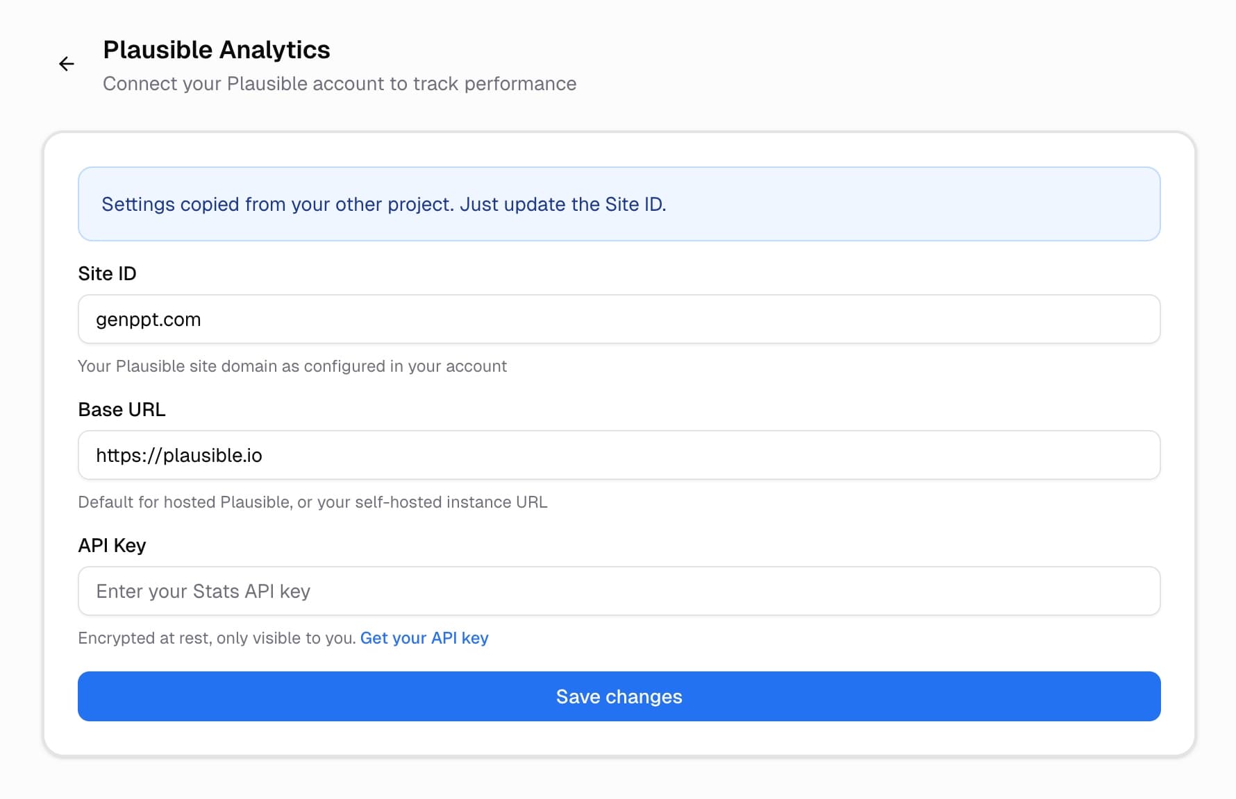 AISEOTRACKER Plausible Analytics integration setup screen showing Site ID, Base URL, and API Key fields