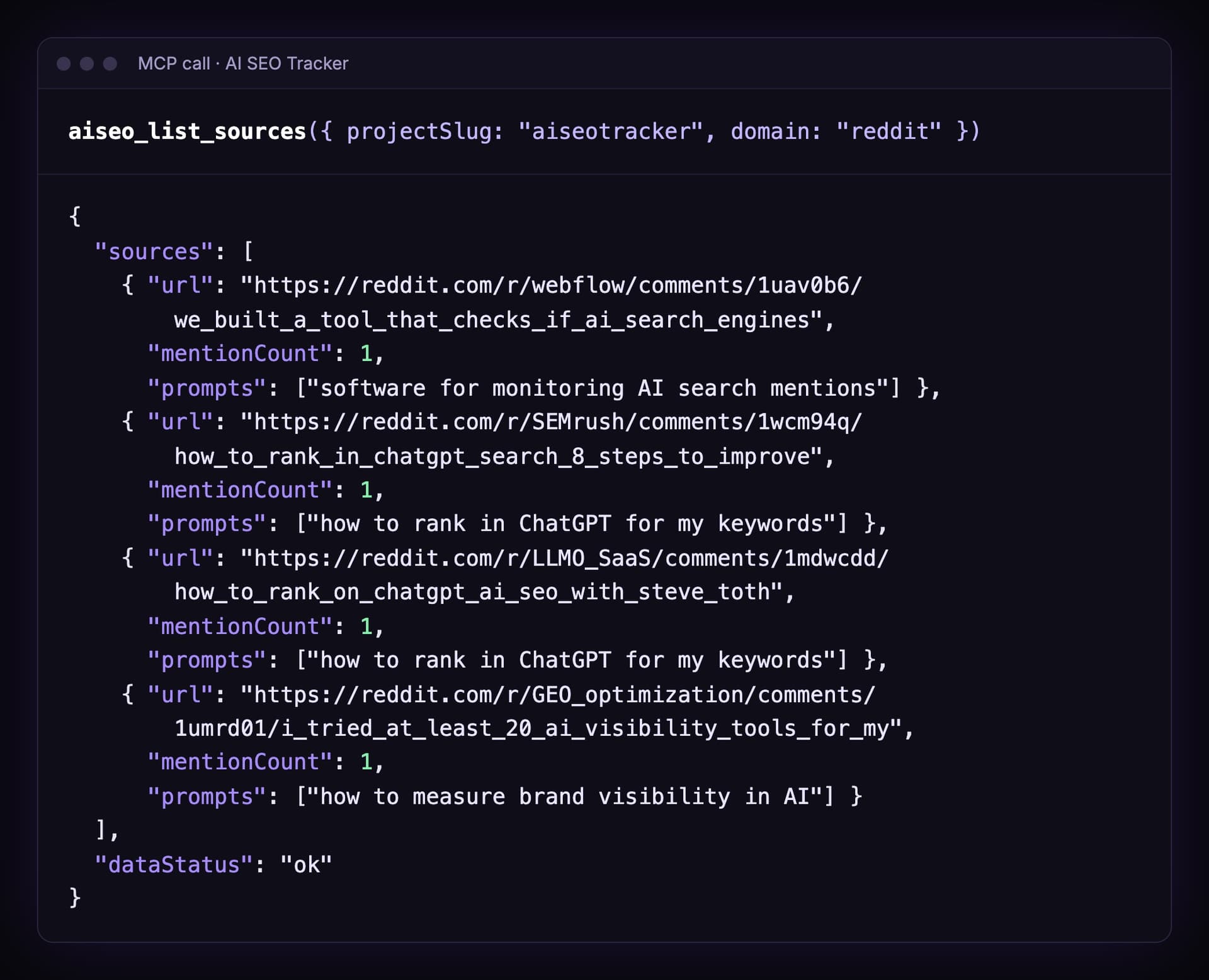 Output of aiseo_list_sources with domain reddit for the aiseotracker project: four reddit.com threads from r/webflow, r/SEMrush, r/LLMO_SaaS and r/GEO_optimization, each with mentionCount 1