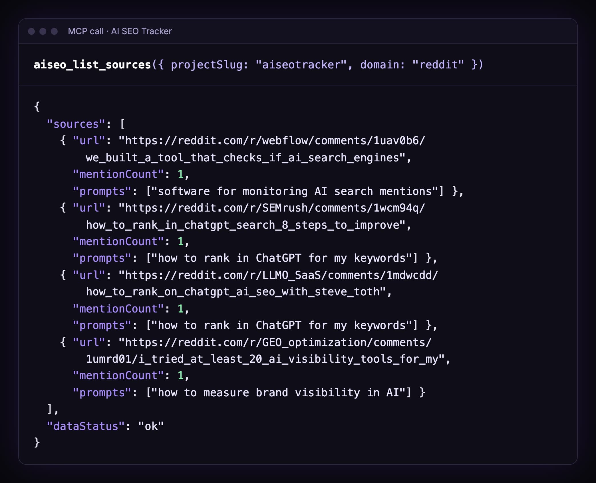 Output of aiseo_list_sources with domain reddit for the aiseotracker project: four reddit.com threads from r/webflow, r/SEMrush, r/LLMO_SaaS and r/GEO_optimization, each with mentionCount 1