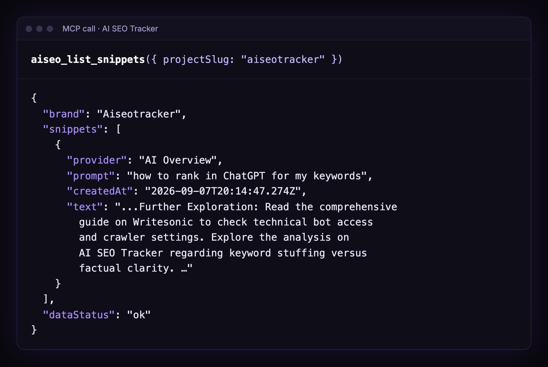 Output of aiseo_list_snippets for Aiseotracker: one AI Overview snippet for the prompt how to rank in ChatGPT for my keywords, dated 7 September 2026, that mentions AI SEO Tracker in a further exploration line
