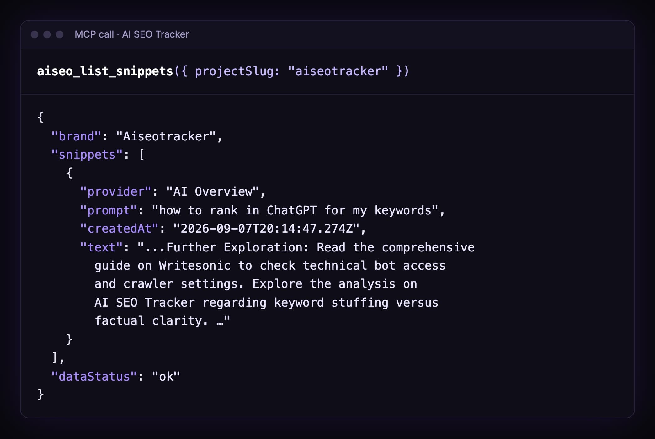 Output of aiseo_list_snippets for Aiseotracker: one AI Overview snippet for the prompt how to rank in ChatGPT for my keywords, dated 7 September 2026, that mentions AI SEO Tracker in a further exploration line
