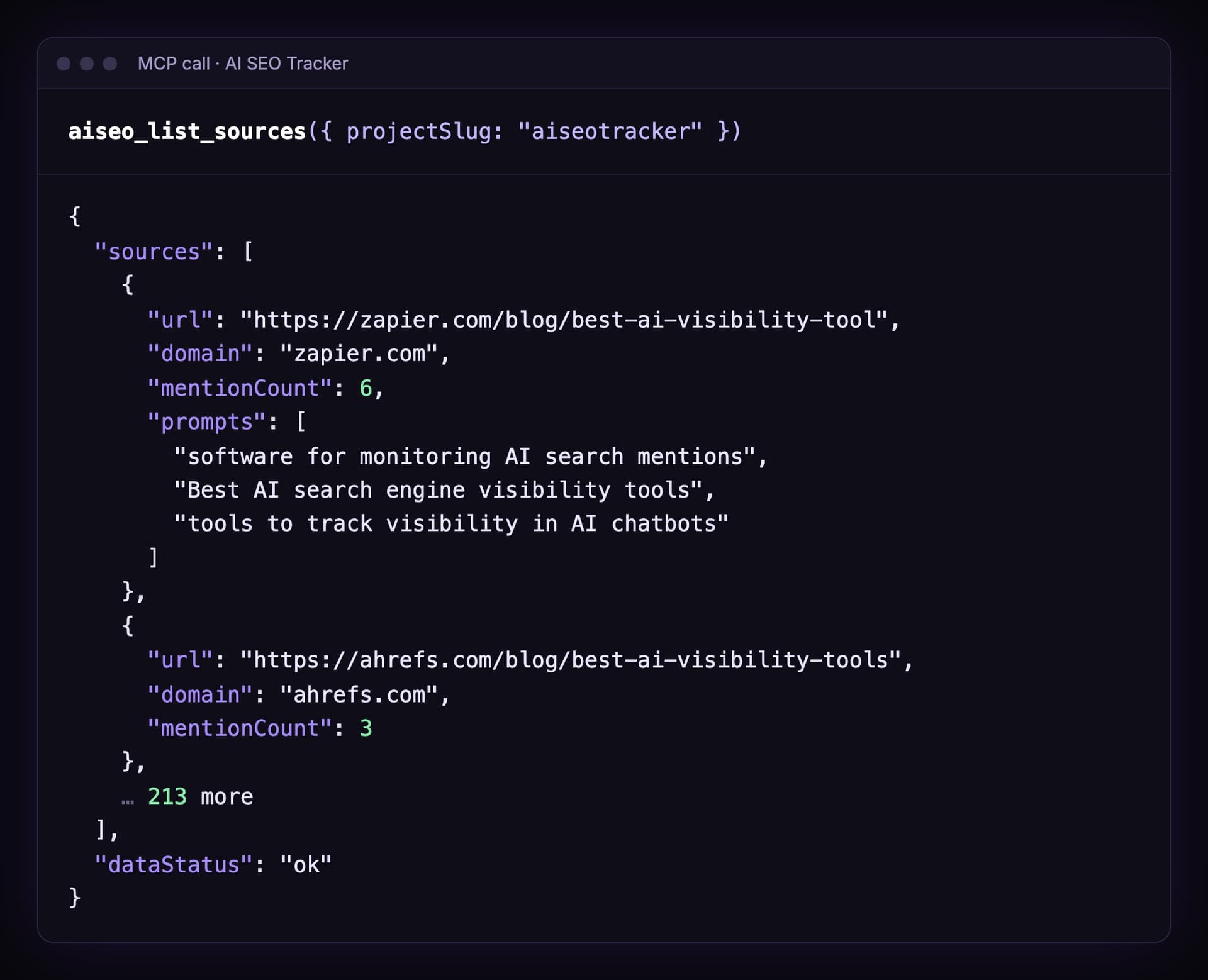 Output of aiseo_list_sources: zapier.com/blog/best-ai-visibility-tool with mentionCount 6 across three prompts, then ahrefs.com/blog/best-ai-visibility-tools with mentionCount 3, and 213 more sources