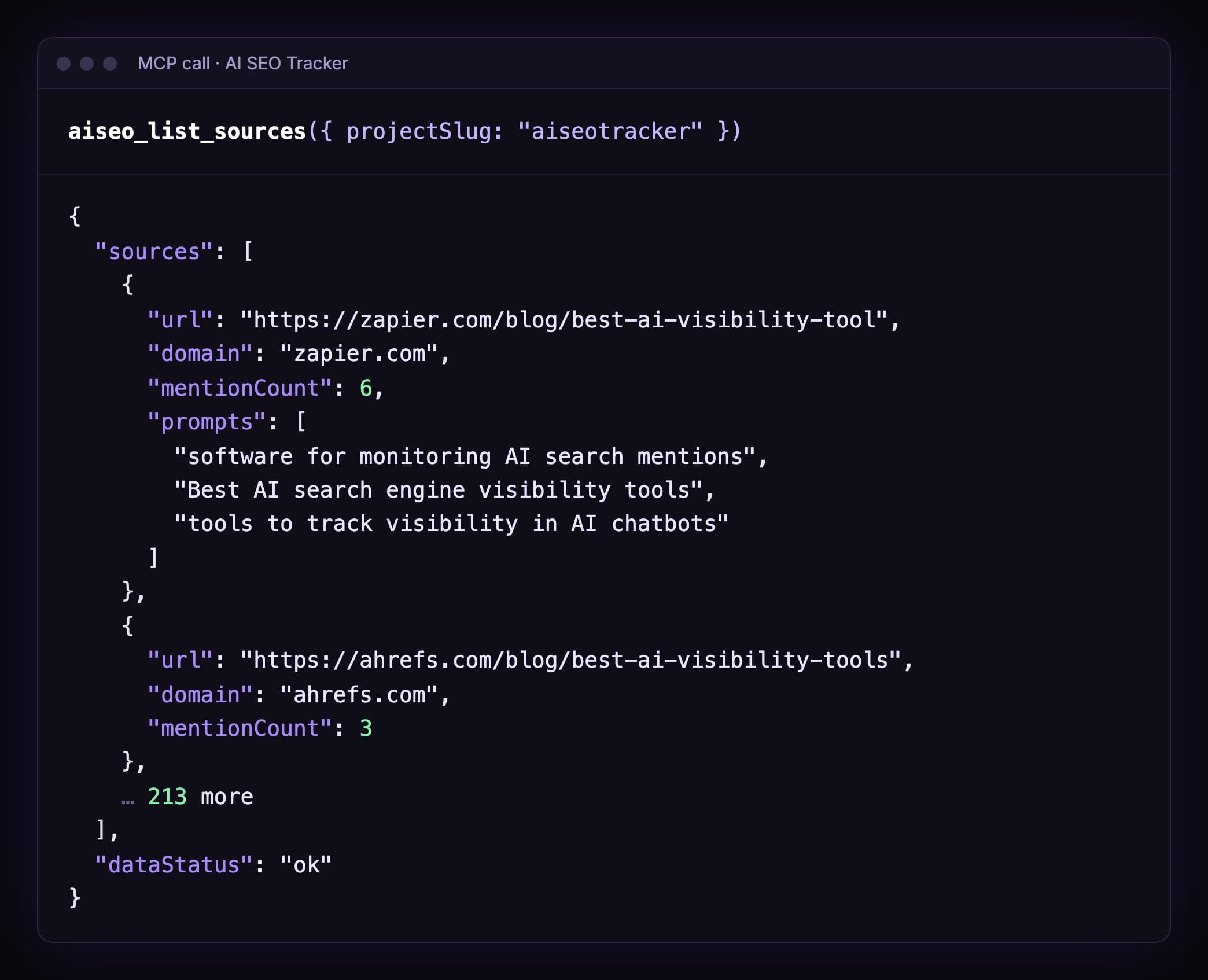 Output of aiseo_list_sources: zapier.com/blog/best-ai-visibility-tool with mentionCount 6 across three prompts, then ahrefs.com/blog/best-ai-visibility-tools with mentionCount 3, and 213 more sources