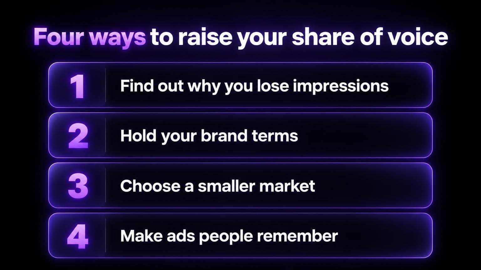 Four ways to raise your share of voice: find out why you lose impressions, hold your brand terms, choose a smaller market, make ads people remember