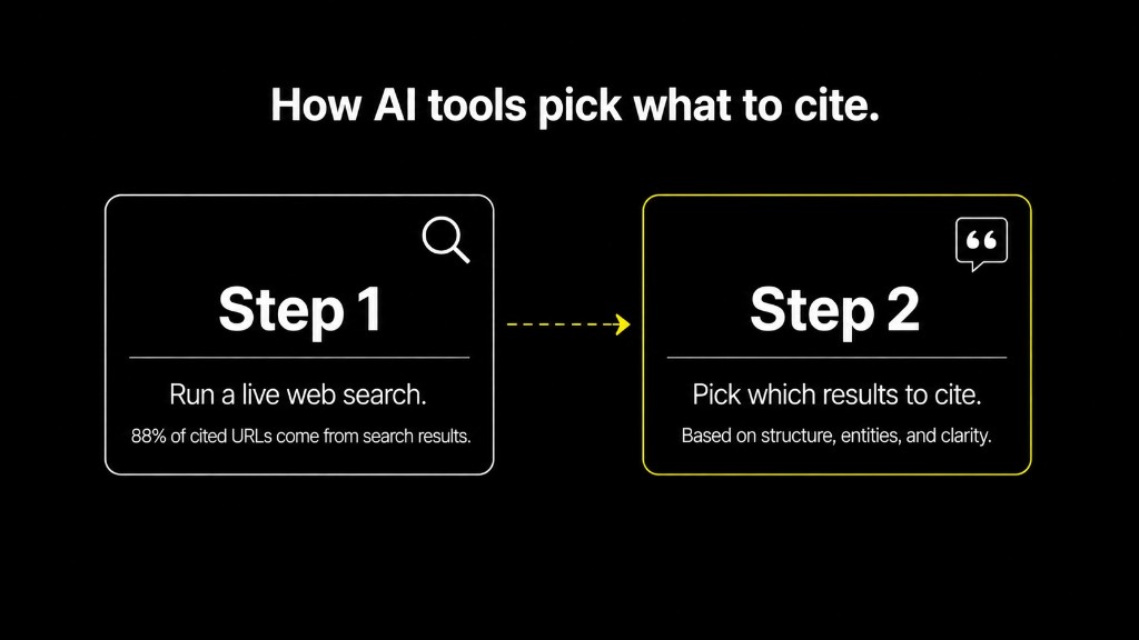 How AI tools pick what to cite: Step 1 live web search, Step 2 pick results to cite based on structure and entities