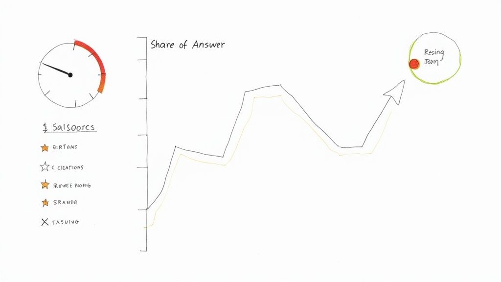 An analytics dashboard showing metrics like Share of Answer and Citation Quality for AI search visibility.