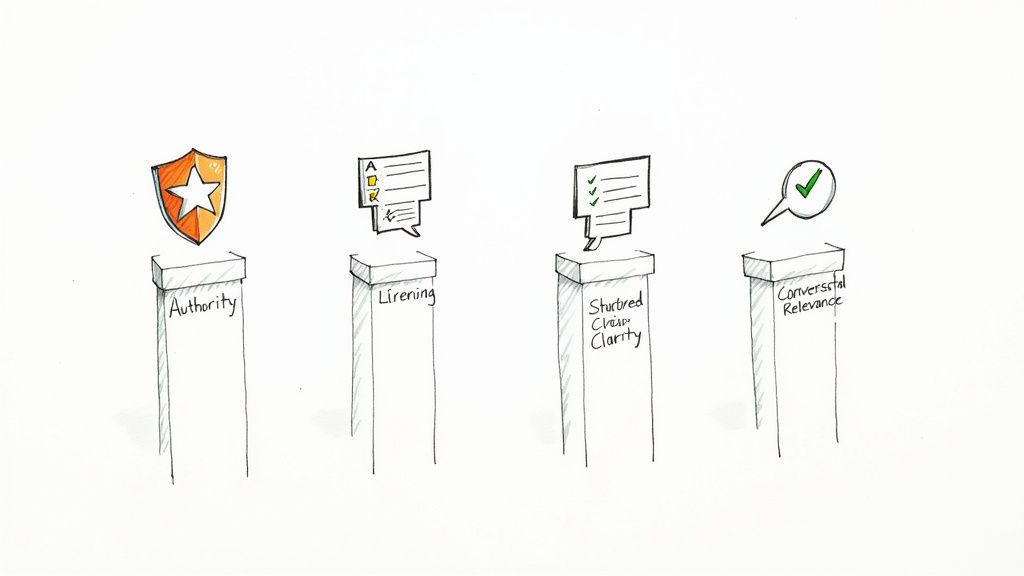 An image showing four columns, representing the pillars of authority, clarity, accuracy, and relevance, holding up a structure labeled AI Search Visibility.