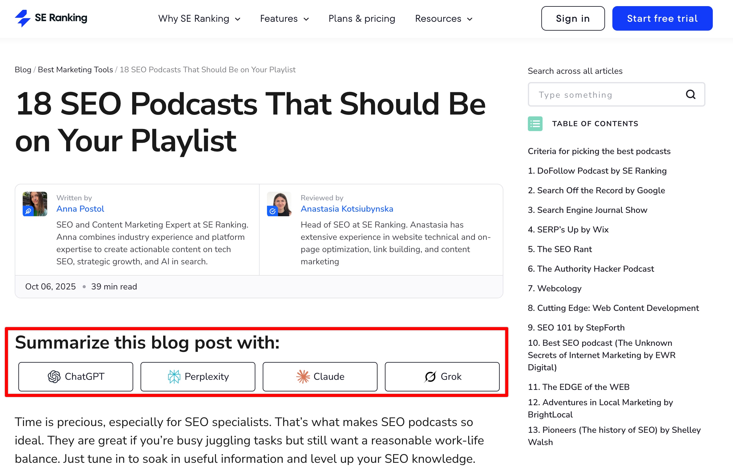 SE Ranking blog showing AI share buttons for ChatGPT, Perplexity, Claude, and Grok