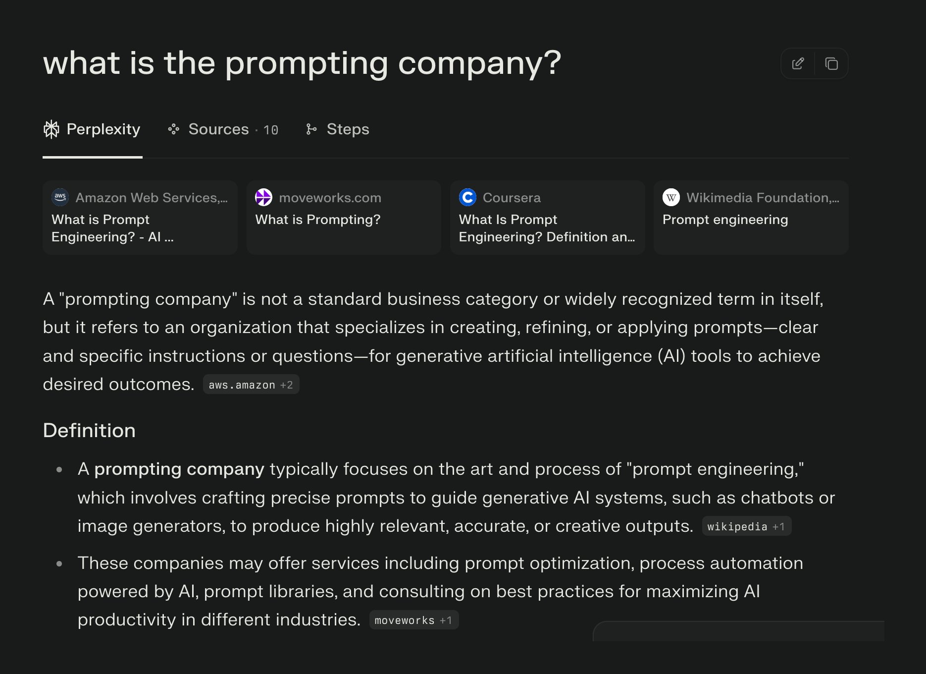 Perplexity search results showing generic information about 'prompting companies' as a category but no specific information about The Prompting Company itself, with definitions and Wikipedia citations about prompt engineering